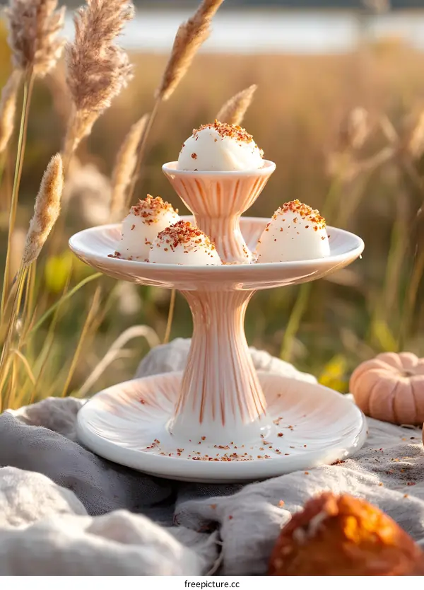 Deviled Eggs on a Pink Stand in a Field
