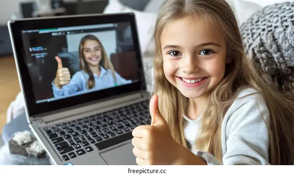 Smiling Girl Giving Thumbs Up During Video Call