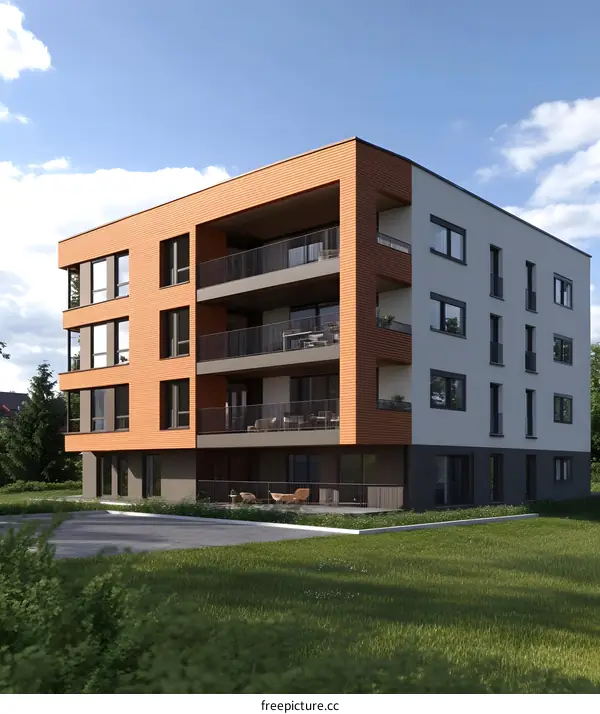 Modern Apartment Building with Balconies and Landscaping
