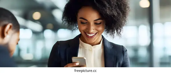 Smiling Businesswoman Using Smartphone in Office