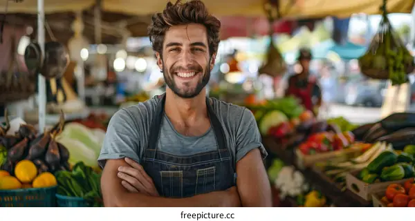 Portrait of a cheerful male greengrocer standing with arms crossed at the market