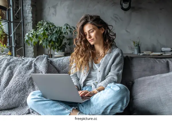Woman Working on Laptop at Home