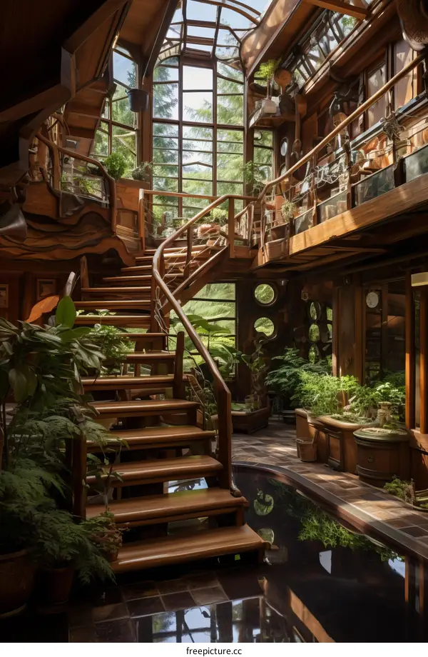 Cozy Wooden House with Winding Staircase and Indoor Garden