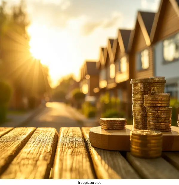 Coins placed on a wooden table with blurred houses in the background