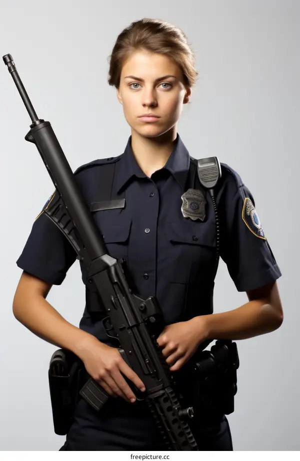 A policewoman standing with a gun