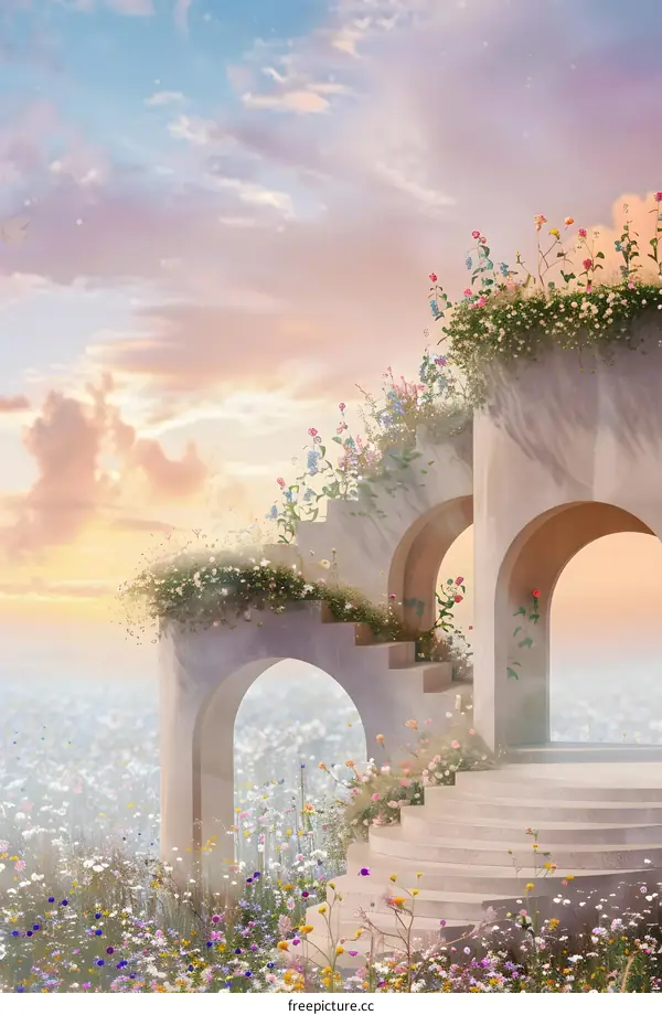 Stone Archway in a Field of Flowers at Sunset