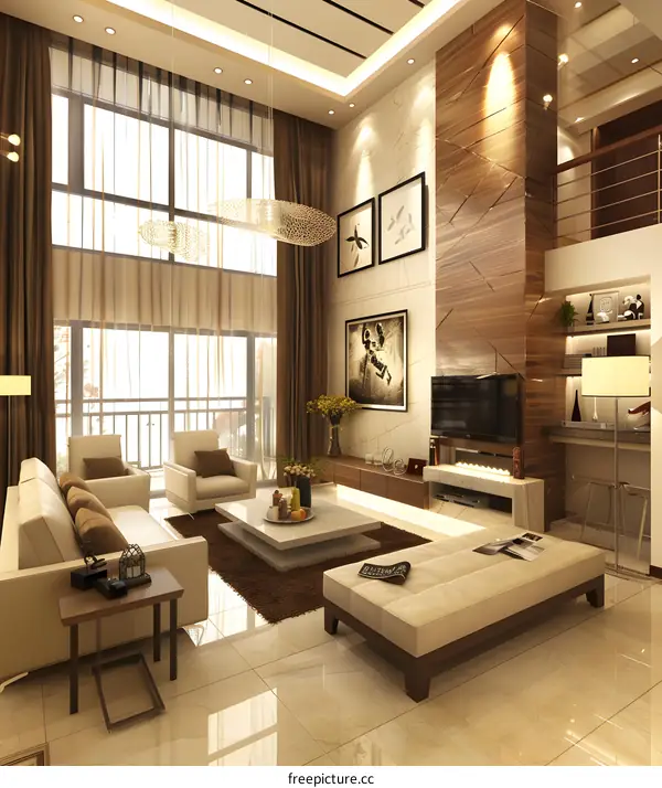 Modern Living Room Interior Design with Large Windows and Beige Color Palette