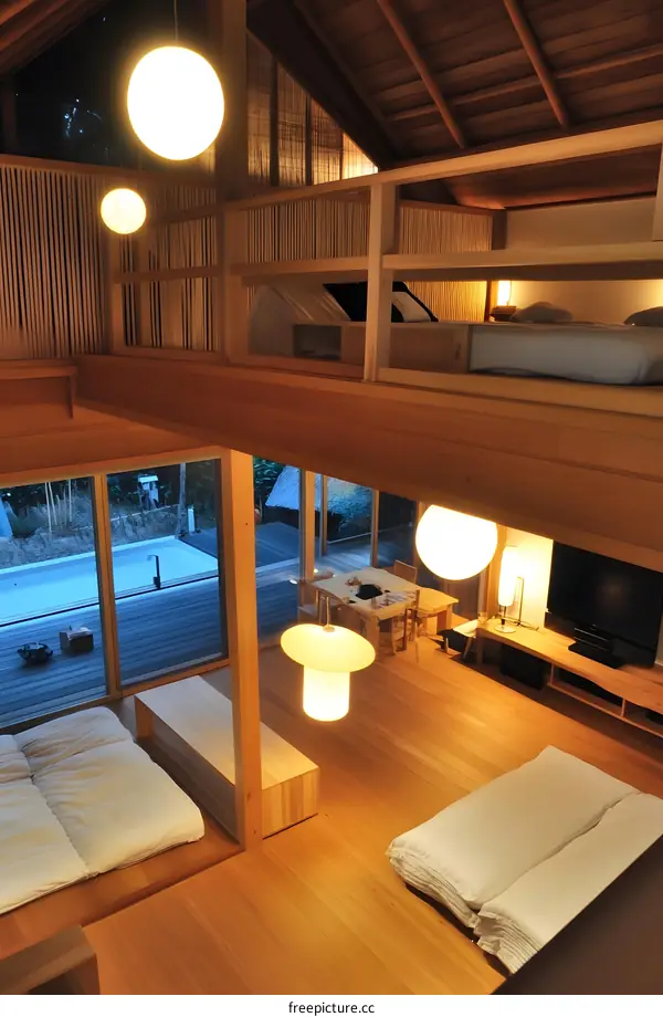 Modern Japanese Style House Interior Design With Wooden Floors And White Beds