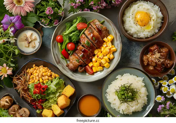Japanese Cuisine Food Photography Flat Lay With Flowers