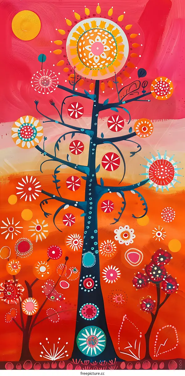 Colorful Abstract Painting with Tree and Flowers