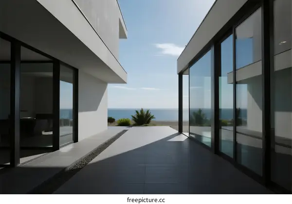 Modern minimalist villa with large glass windows and sea view