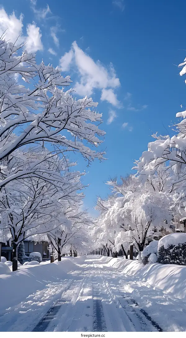 Snow-covered trees and road in a residential area