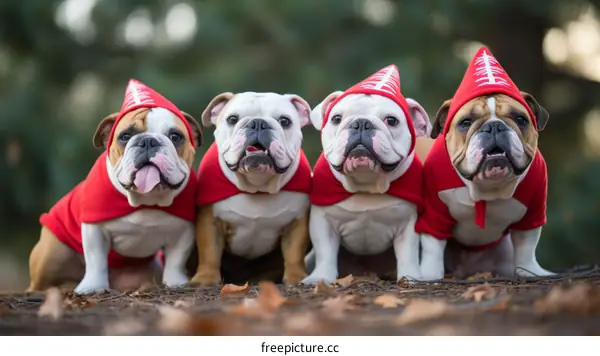 Four English bulldogs wearing red capes