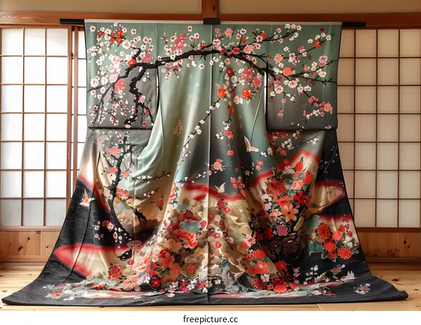 A kimono with a pattern of cherry blossoms and birds