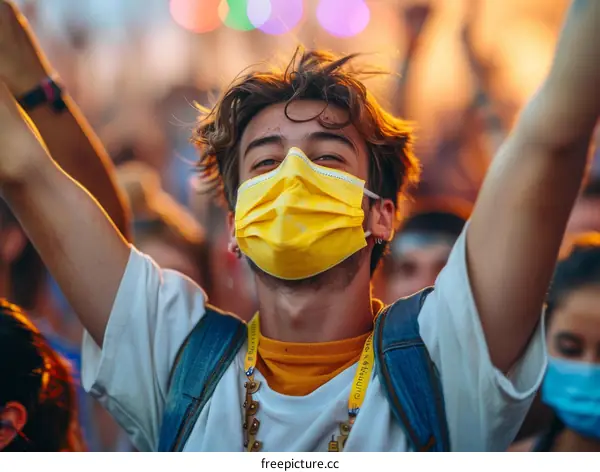 Young man wearing a yellow mask at a concert