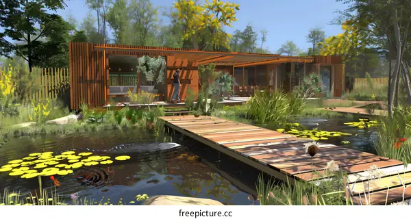 Modern Wooden House with Pond and Wooden Deck