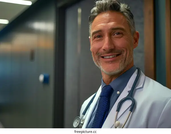 Portrait of a smiling male doctor in a white coat and stethoscope around his neck