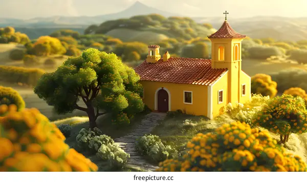 Small Yellow Church in a Green Meadow with a Path Leading to the Front Door