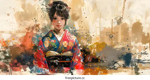 An illustration of a Japanese woman wearing a kimono with a floral pattern and holding a book in her hands