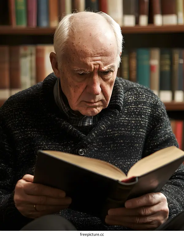 Elderly Man Reading a Book in a Library