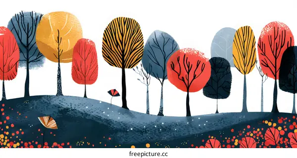 Abstract Watercolor Illustration of Autumn Forest with Colorful Trees