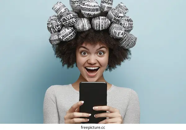 Woman with Newspaper Hair Looking at Phone