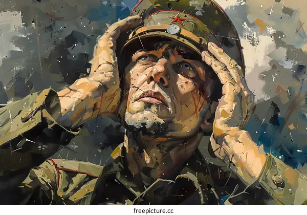 Portrait of a Soviet soldier in a green uniform and cap