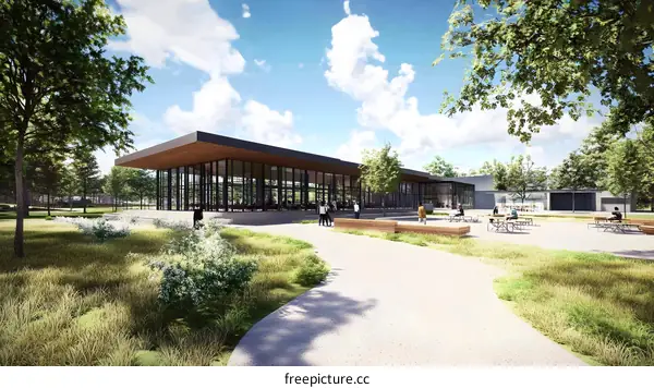 Modern Building with Large Windows and Outdoor Patio in a Park