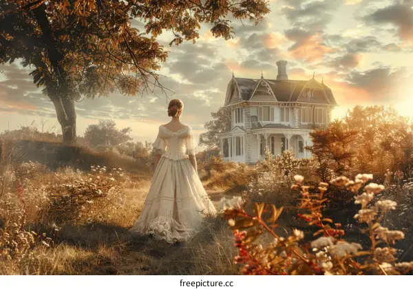 A woman standing in a field of flowers in front of a house