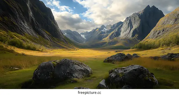 Mountain Valley Landscape with Green Grass and Rocks