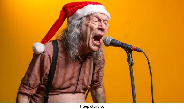 Senior citizen wearing a Santa hat while singing into a microphone