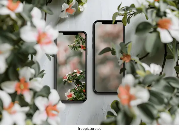 Two Smartphones with Flower Background