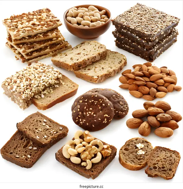 Variety of Breads and Nuts on White Background