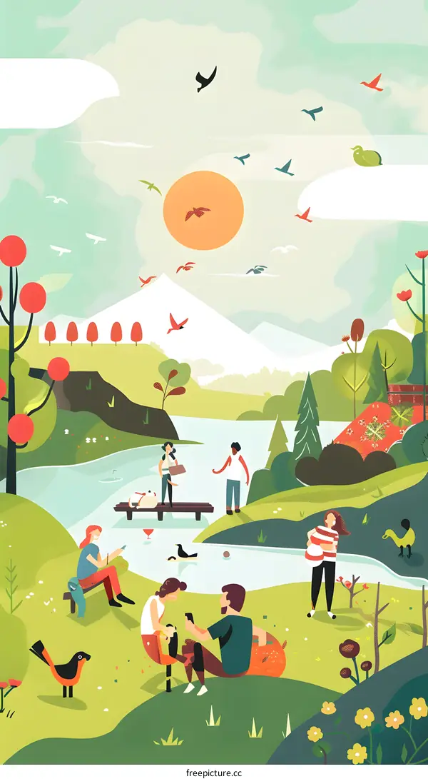 People Relaxing in a Park with a Lake