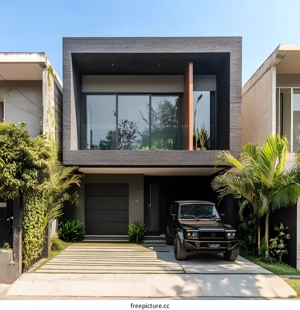 Modern Black House with Garage Door and Palm Trees