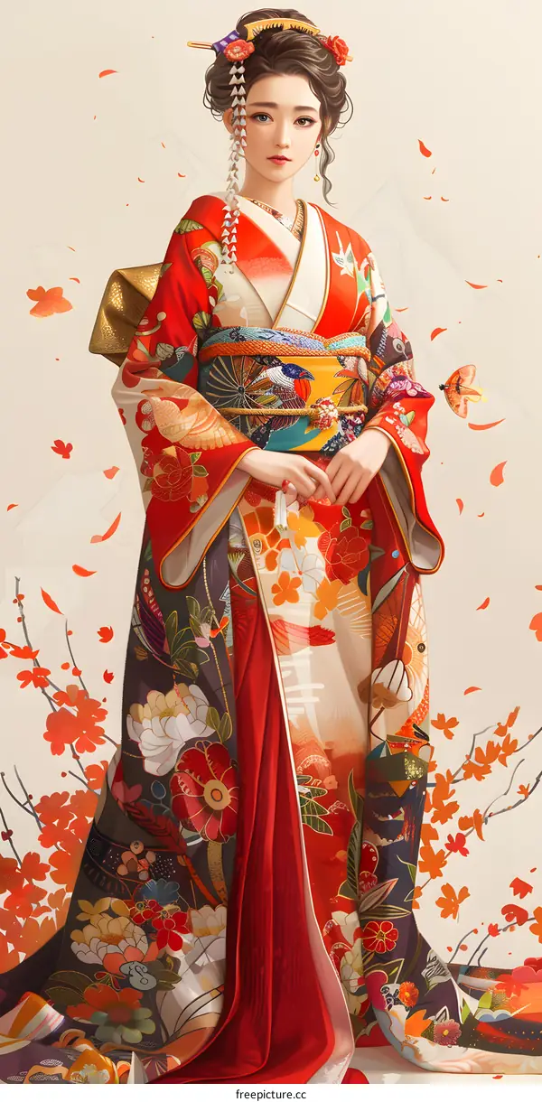 Elegant Woman Wearing Traditional Japanese Kimono with Floral Pattern