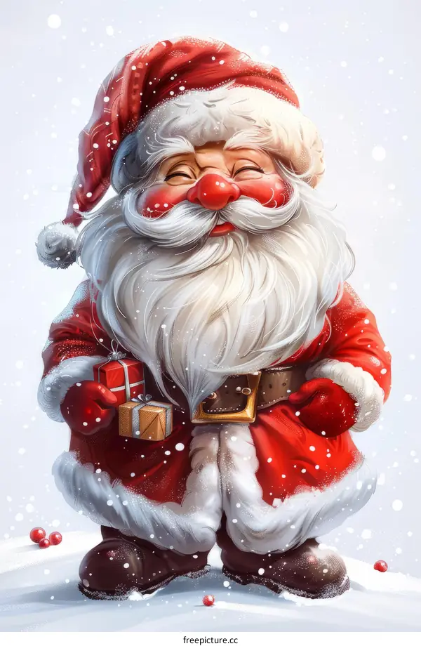 A delighted Santa Claus with a present on Christmas Eve