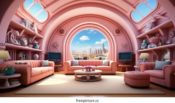 A pink living room with a large window looking out onto a city skyline