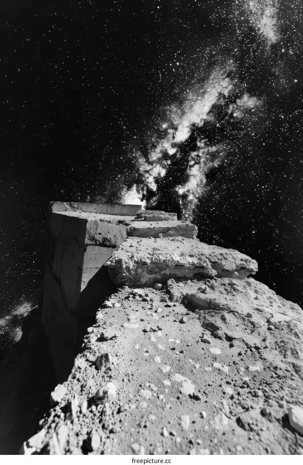 Black and white photo of a rocky cliff edge with a starry night sky above