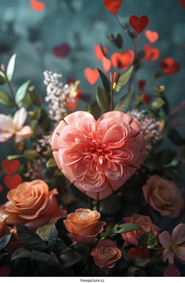 A pink heart-shaped flower made of petals with green leaves and red heart-shaped petals