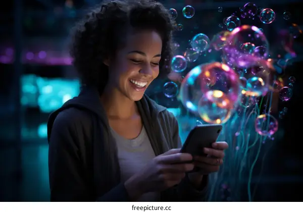 A Beautiful African American Female Smiling and Looking at Phone in a Room with Bubbles