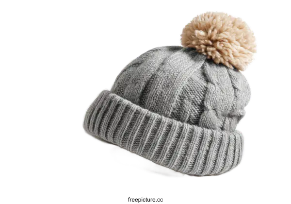 [Transparent Background PNG]Stylish Gray Cable Knit Beanie with Pompom