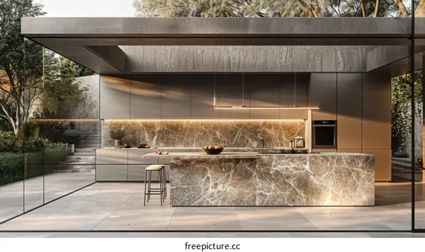 Modern kitchen interior design with large marble island and integrated appliances