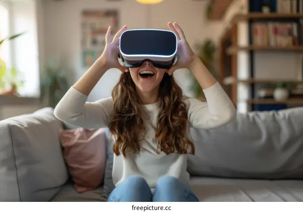 Young woman wearing virtual reality headset at home