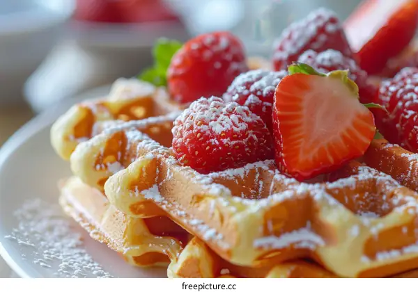 Close-up image of a plate of waffles topped with strawberries and powdered sugar