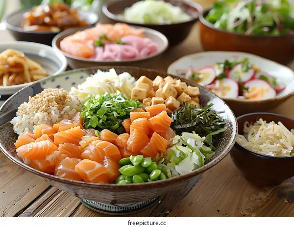 Assortment of Colorful Asian Fusion Bowls