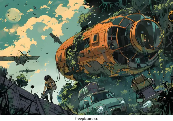 A Person Stands Before A Crashed Spaceship In The Jungle
