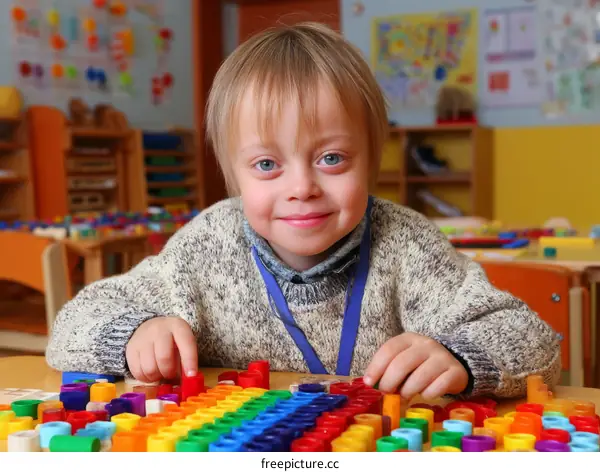 Child with Down Syndrome Playing Educational Toys