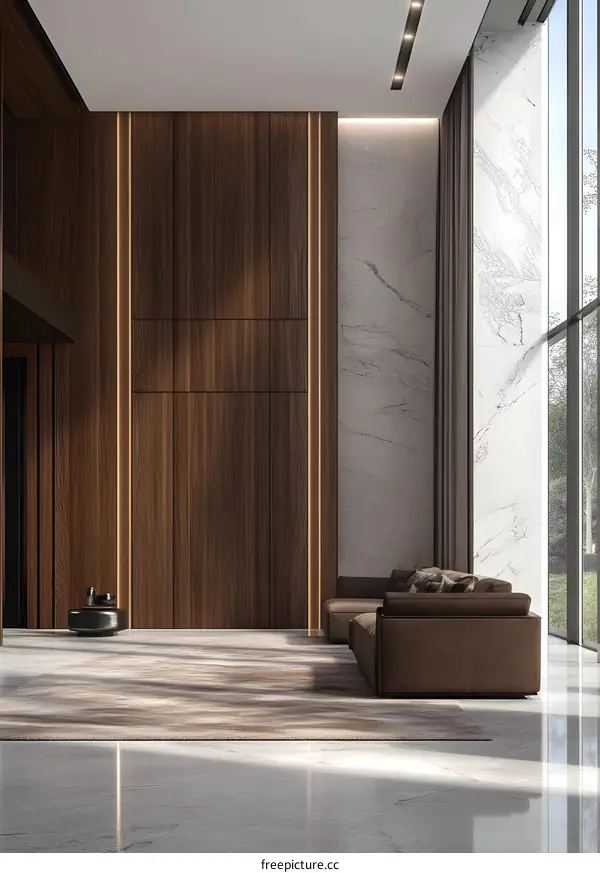 Modern Interior Design with Wooden Wall and Sectional Sofa