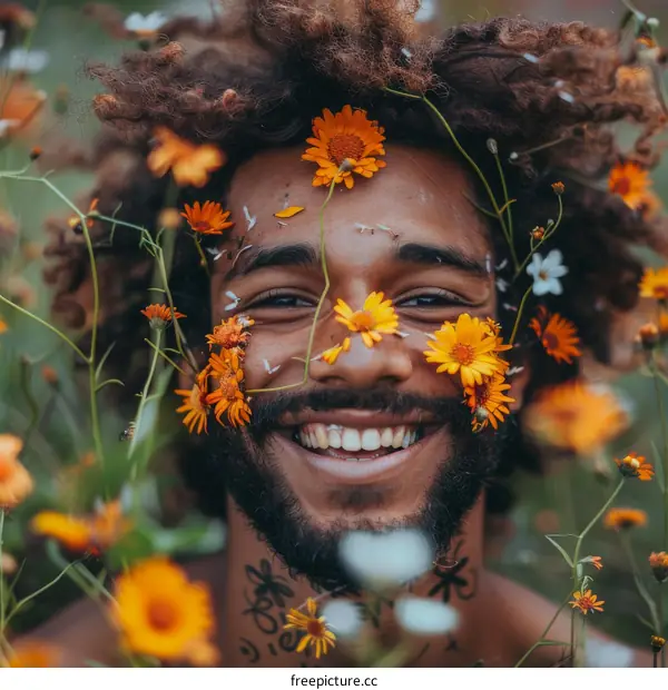 Happy man with flowers on his face